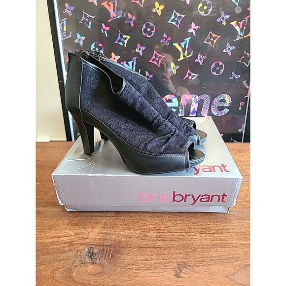Lane Bryant Lace Ankle Open Toe High Heel Shoes Size 12 Black - Picture 1 of 11